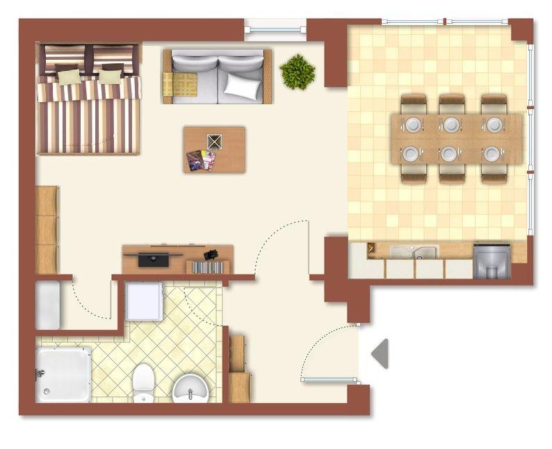 Wohnung mit Schlafzimmer, Wohnbereich, Küche und Bad