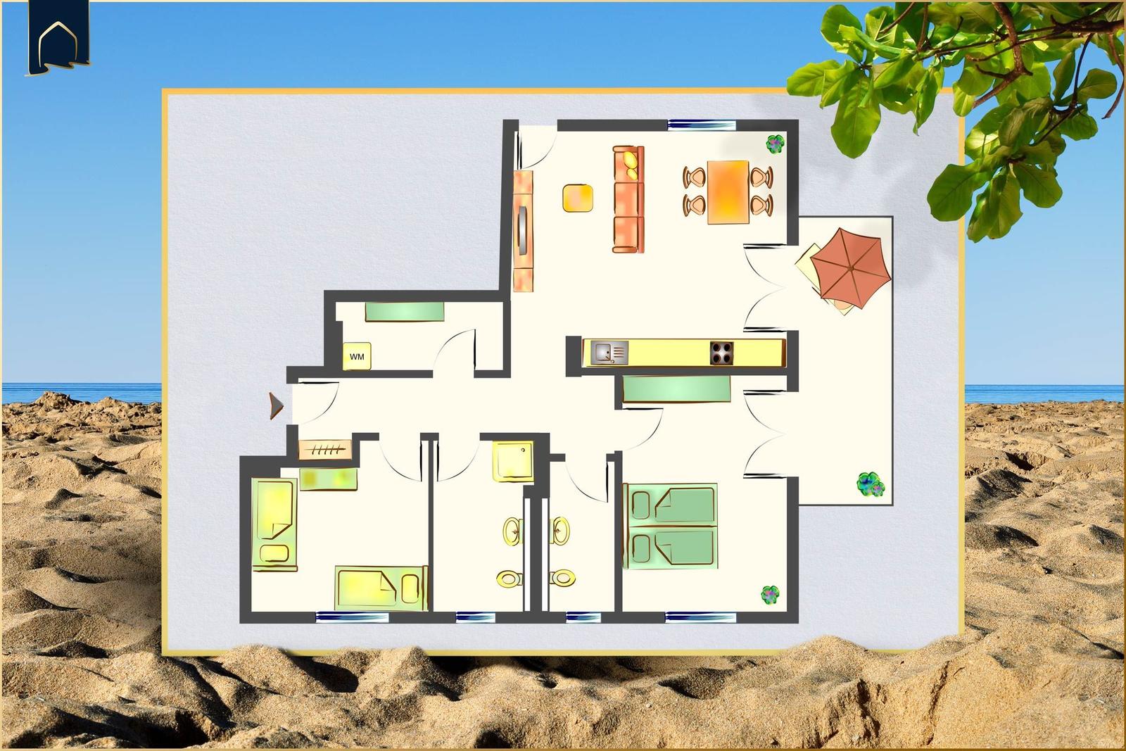 Dieses Ferienhaus hat eine Küche, Wohnzimmer, zwei Schlafzimmer und ein Badezimmer.