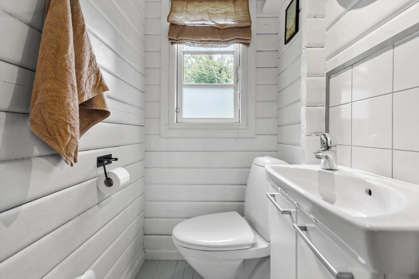 Bathroom with toilet, sink, and window with curtain.