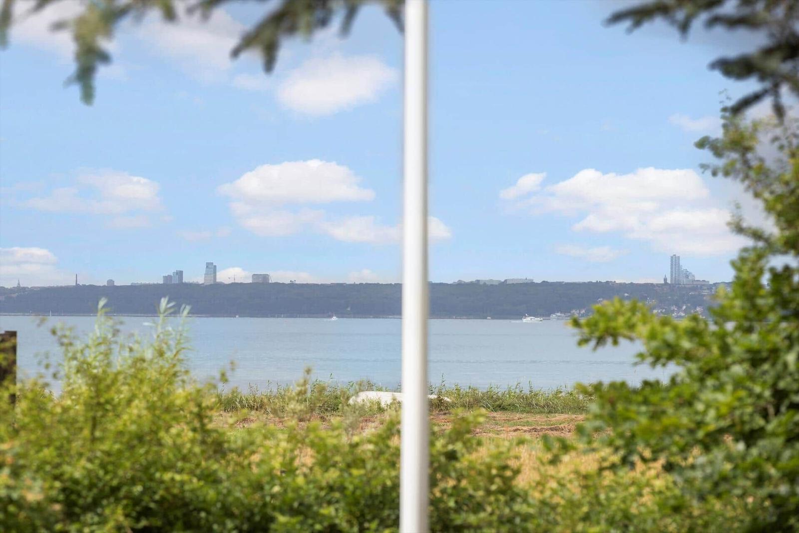 View of a river with city in the background and green vegetation in the foreground.