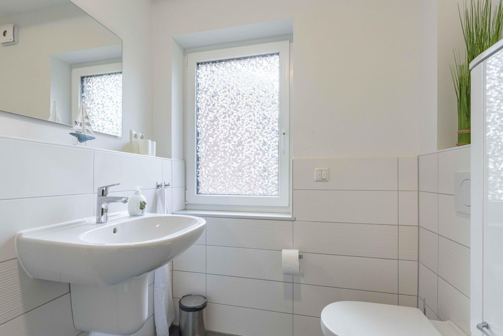 Badezimmer mit Waschbecken, Toilette und Fenster mit beschichtetem Glas.