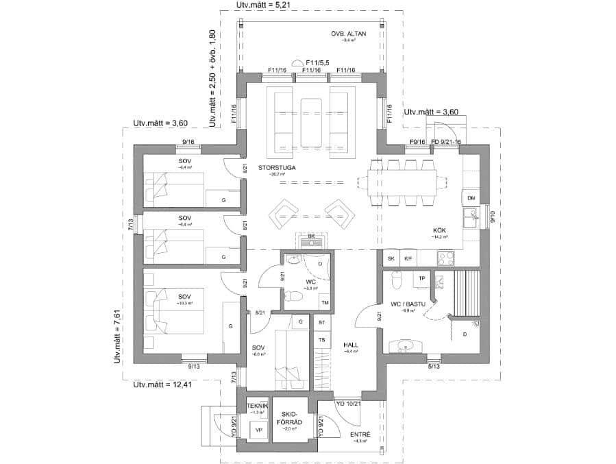Grundriss einer Ferienwohnung mit mehreren Schlafzimmern, Küche und Wohnbereich.