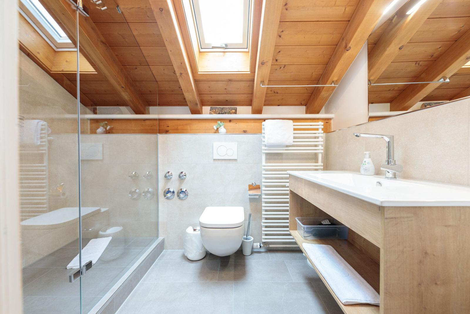 Bad mit Dusche, Toilette und Waschbecken unter Holzdecke.