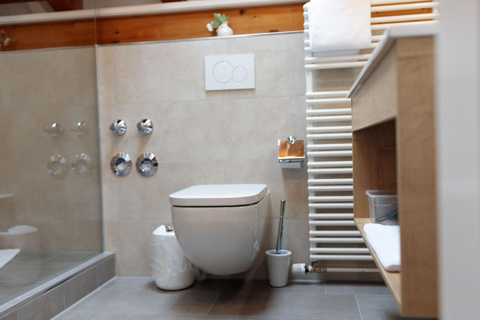 Badezimmer mit Toilette, Dusche und Holzregal