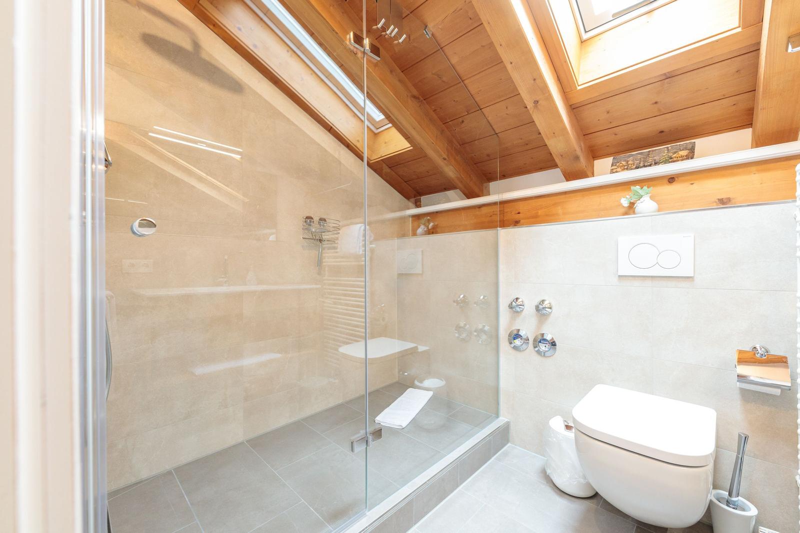 Badezimmer mit Dusche, Toilette und Holzdecke
