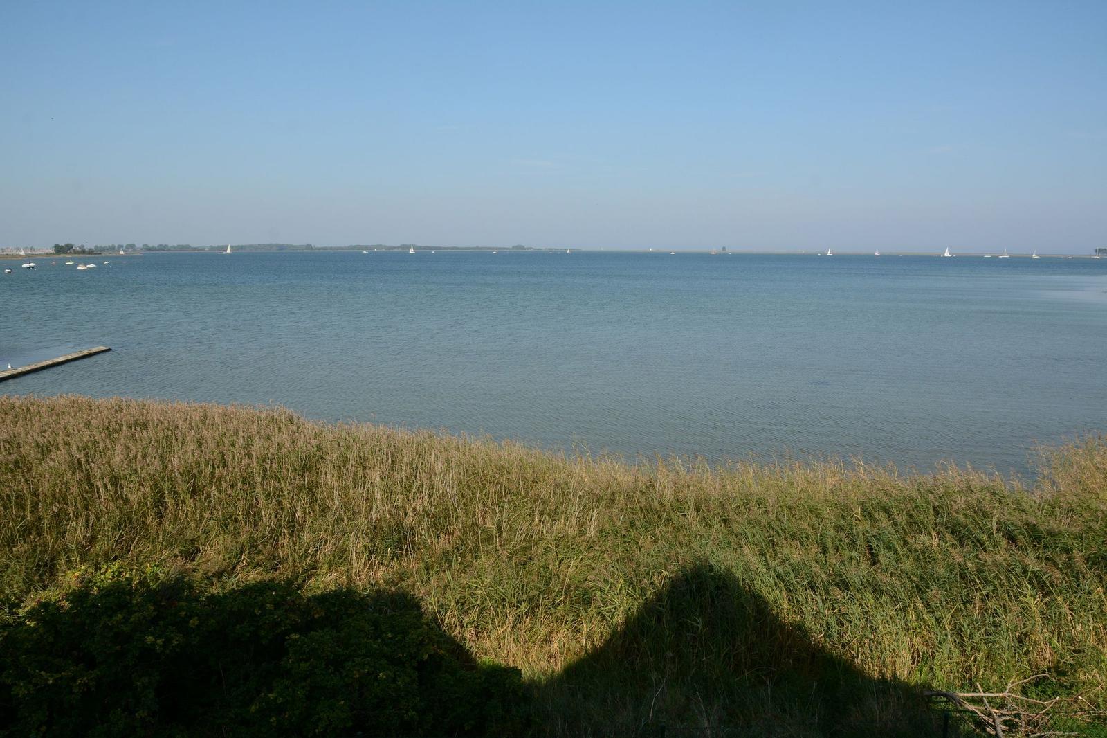 Weitläufiger Blick auf ruhiges Wasser mit Segelbooten und Grasland im Vordergrund.