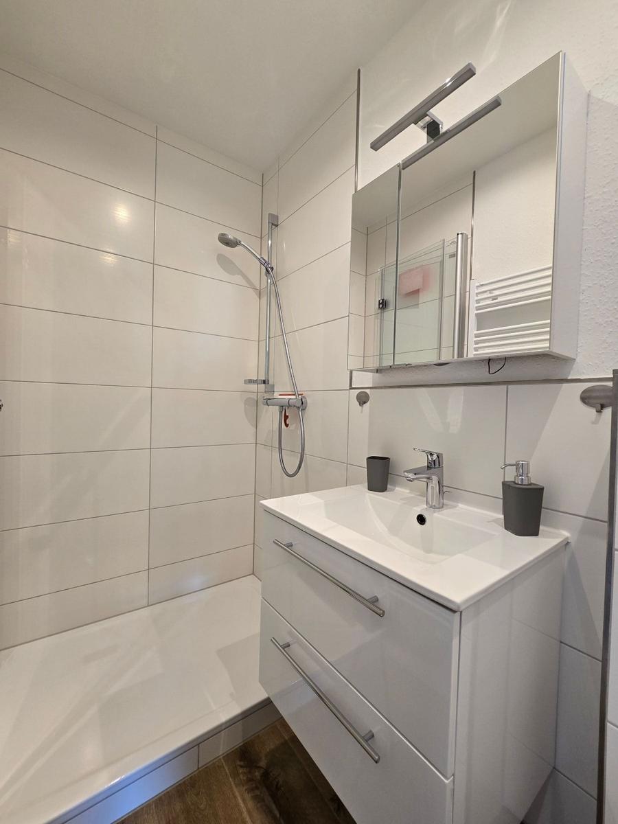 Badezimmer mit Dusche, Waschbecken und Spiegelschrank.