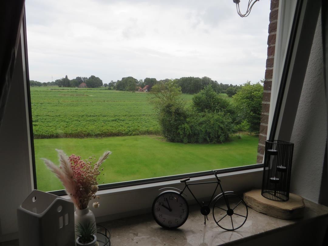 Aus dem Fenster blickt man auf grüne Wiesen und Bäume.