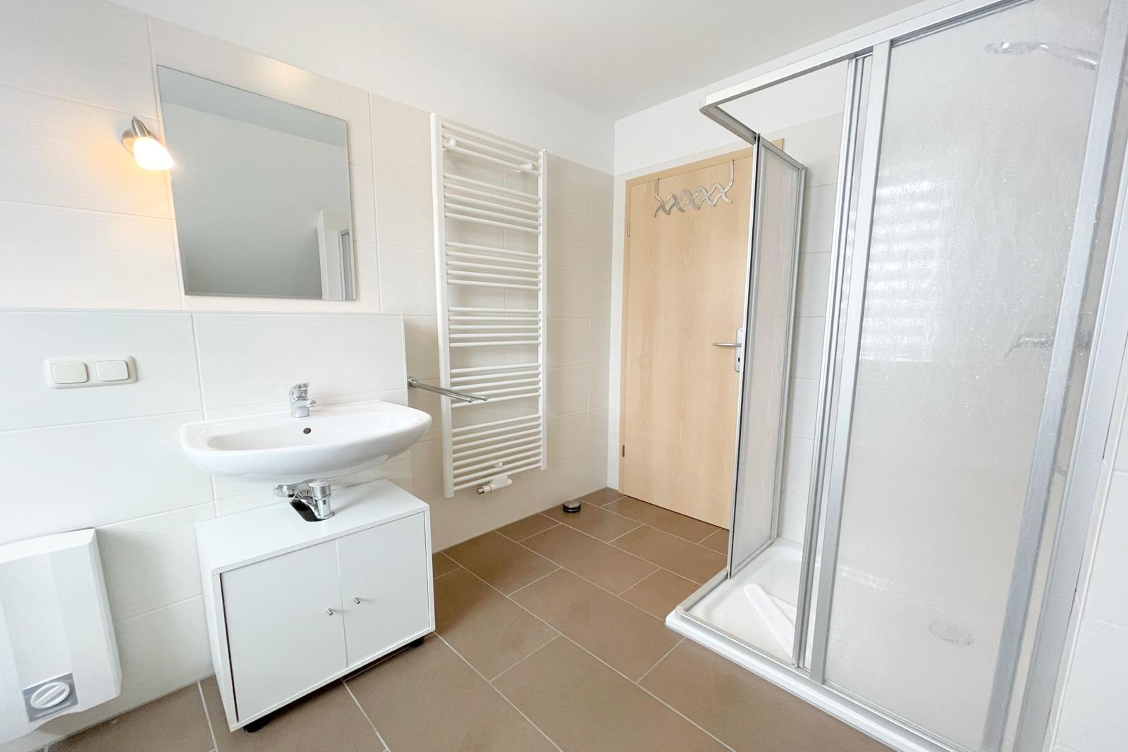 Badezimmer mit Dusche, Waschbecken und Heizkörper.