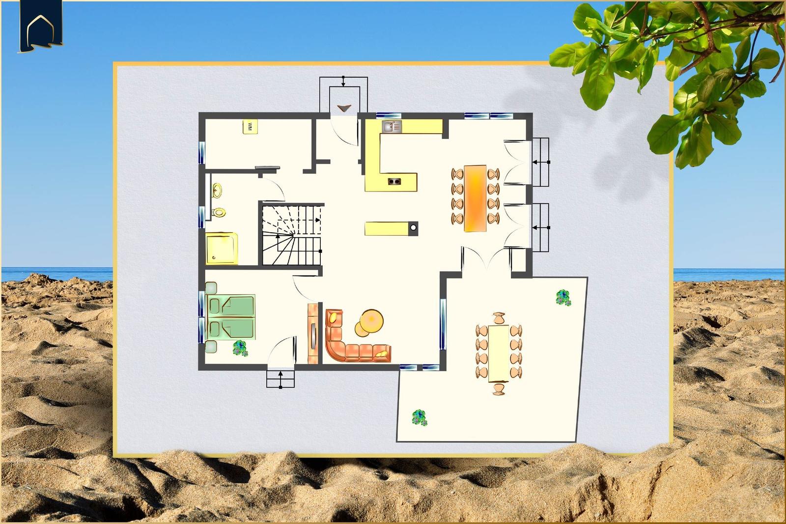 Dieses Haus hat eine Küche, ein Esszimmer, ein Wohnzimmer und zwei Schlafzimmer.