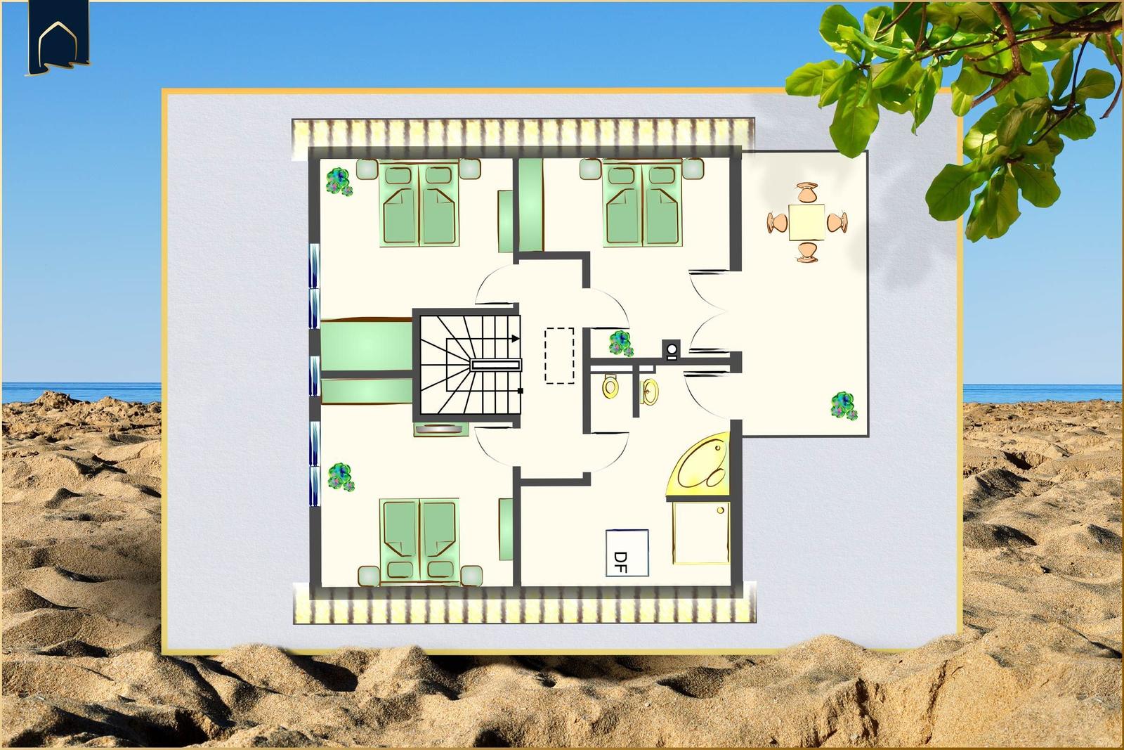 Dieses Haus hat drei Schlafzimmer, eine Küche, ein Bad und eine Terrasse.