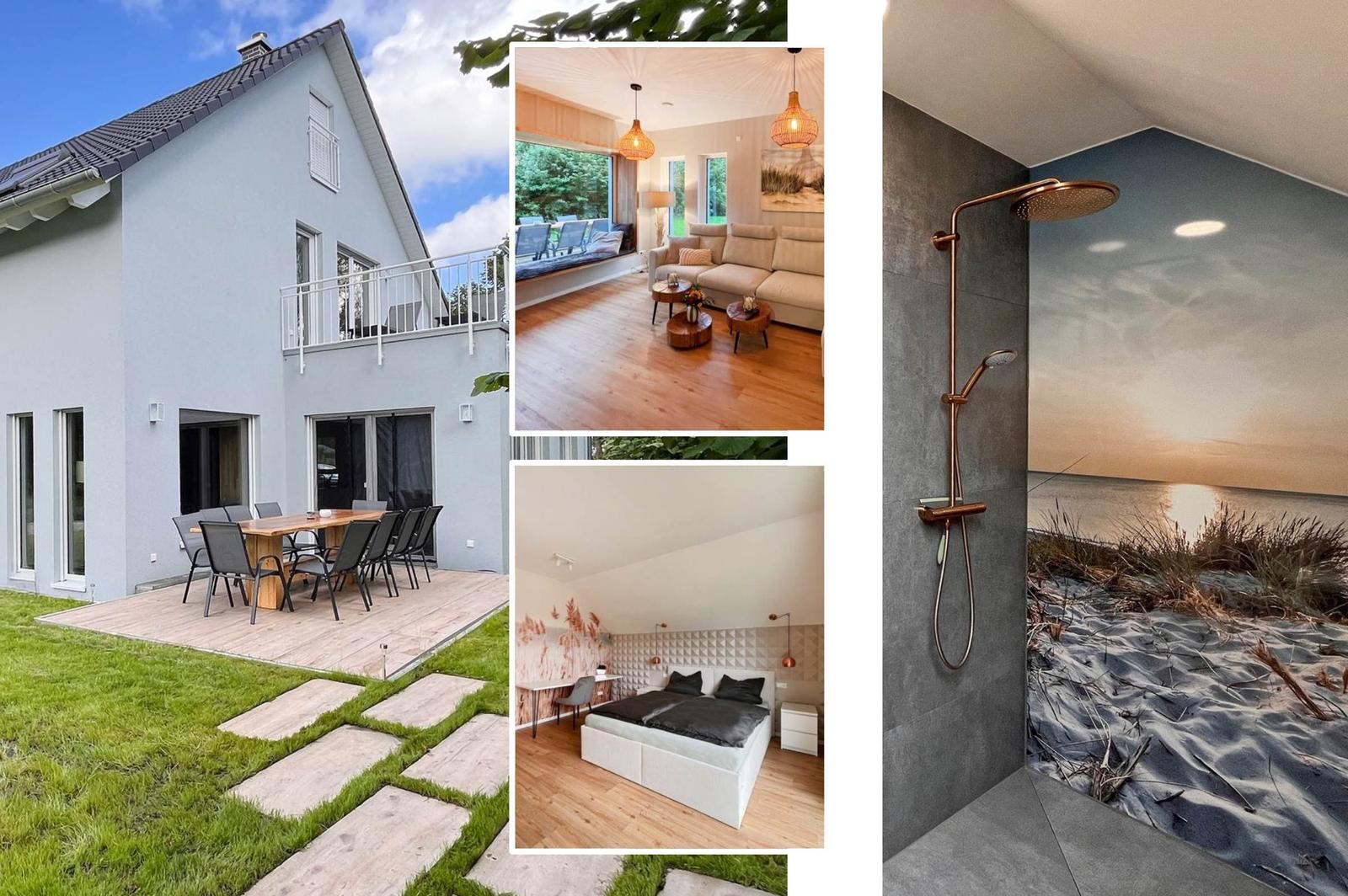 Modernes Haus mit Terrasse, Wohnzimmer, Schlafzimmer und Dusche mit Strandmotivwand.