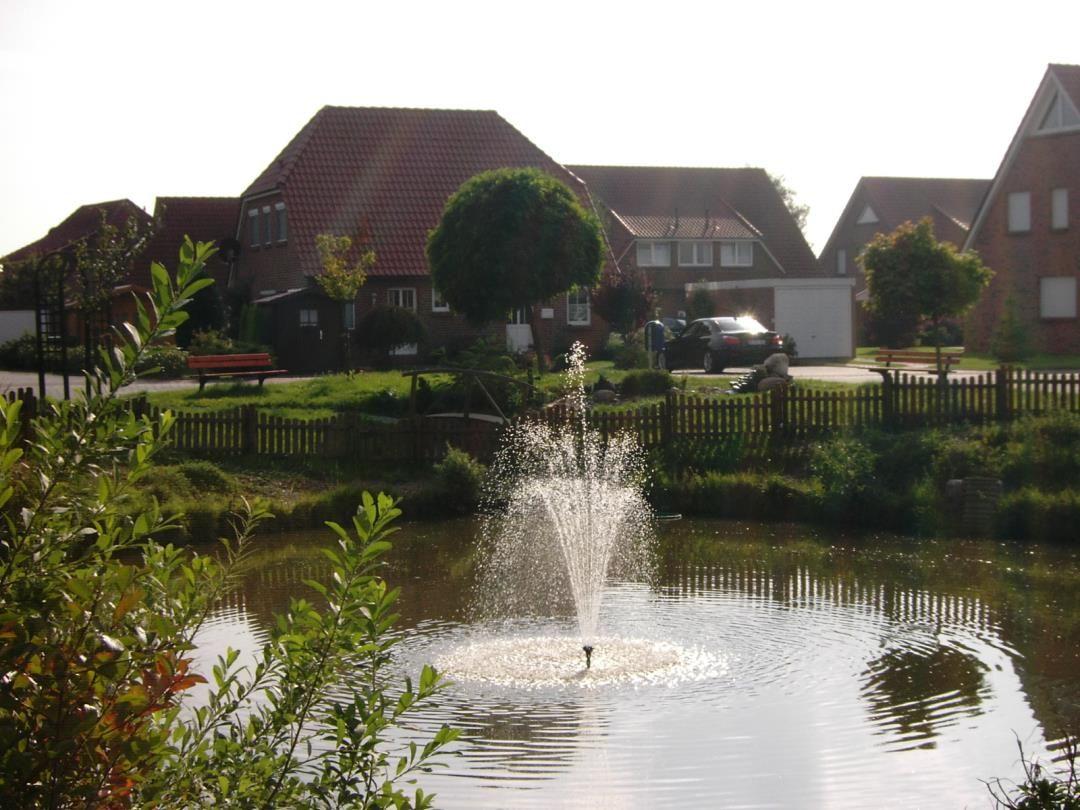 Ein Teich mit Springbrunnen, umgeben von Grün und Häusern im Hintergrund.
