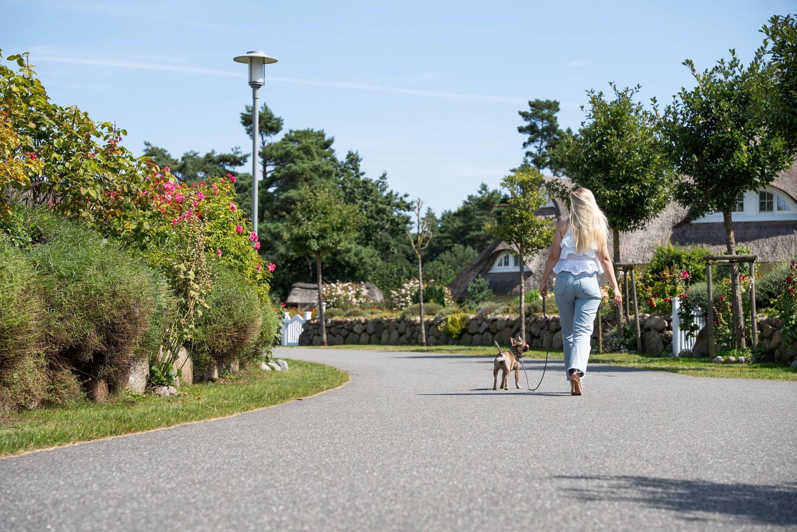 Eine Frau mit Hund geht auf einem Weg entlang von Häusern mit Strohdächern.