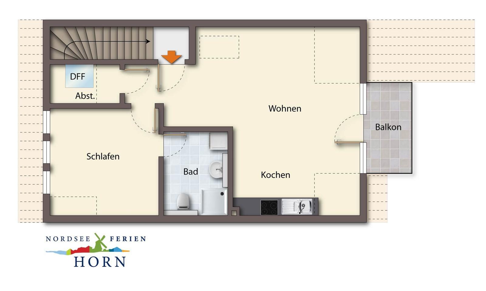 Wohnung mit Schlafzimmer, Bad, Küche und Balkon. Treppenhaus und DFF vorhanden.