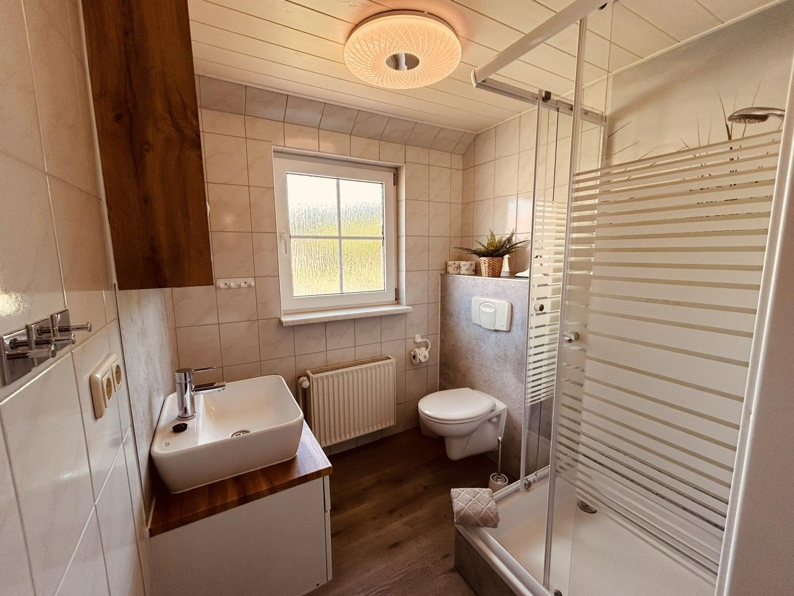 Badezimmer mit Dusche, Toilette und Waschbecken.