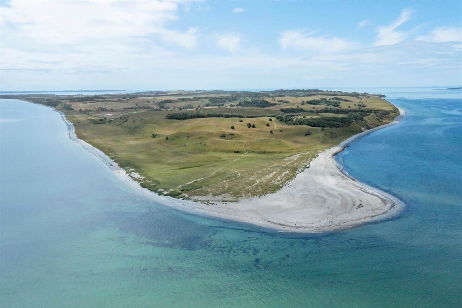 Aerielansicht einer grünen Halbinsel mit Sandstrand und klarem Wasser.