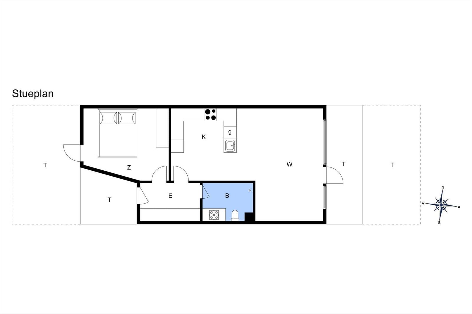 Stueplan zeigt Schlafzimmer, Küche und Bad mit markierten Räumen.