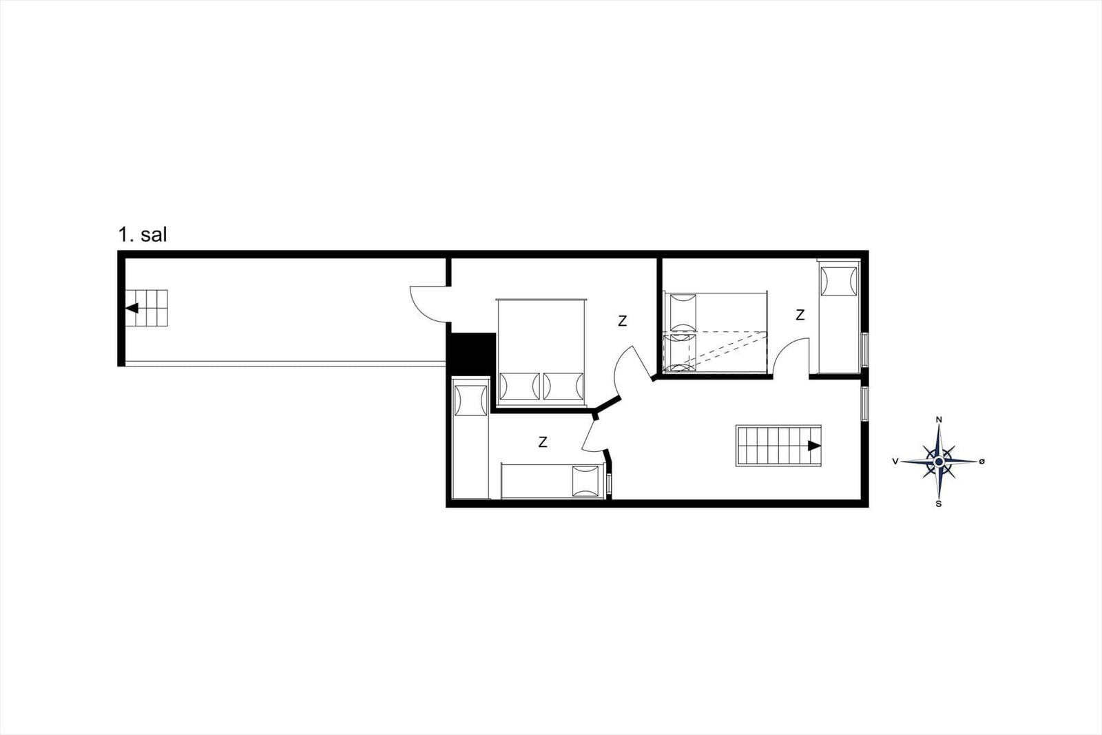 Geschossplan zeigt Wohn- und Schlafbereich mit Bad und Treppe.
