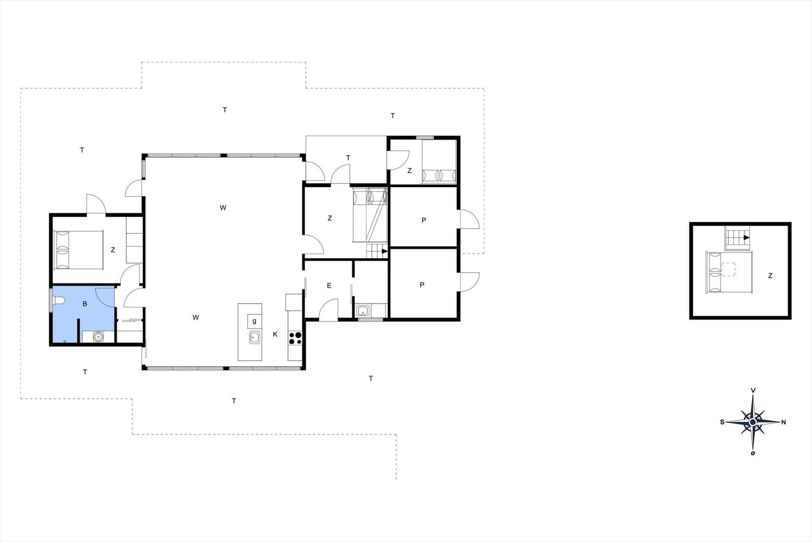 Grundriss einer Wohnung mit Küche, Bad und Schlafzimmer.