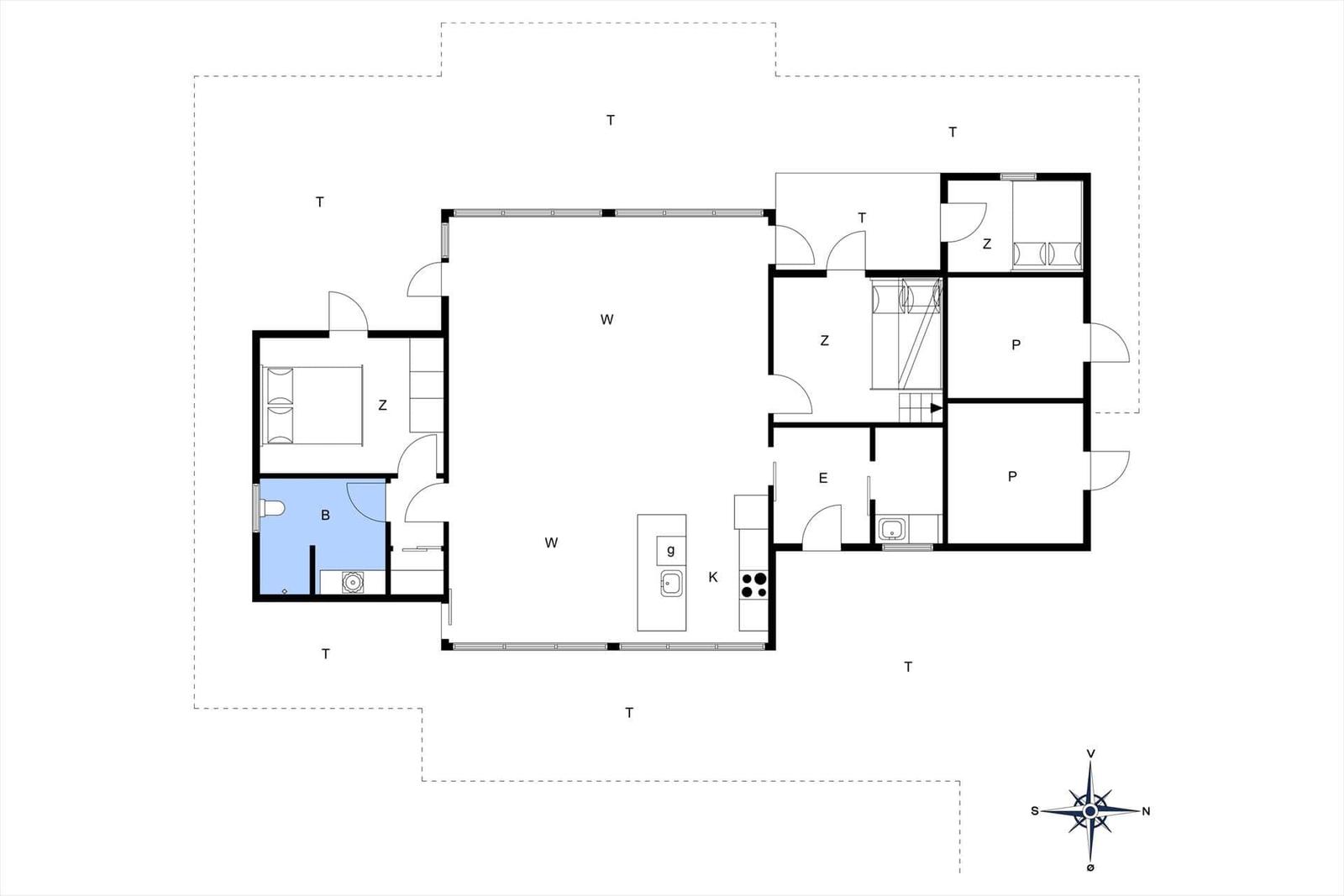 Geschossplan mit Küche, Schlafzimmer und Bad.