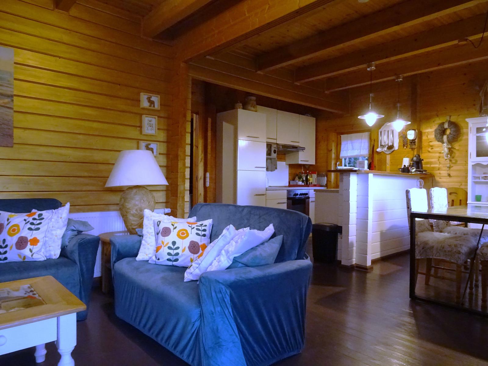 Wohnzimmer mit Sofa, Küche und Esstisch. Holzwände und -decken.