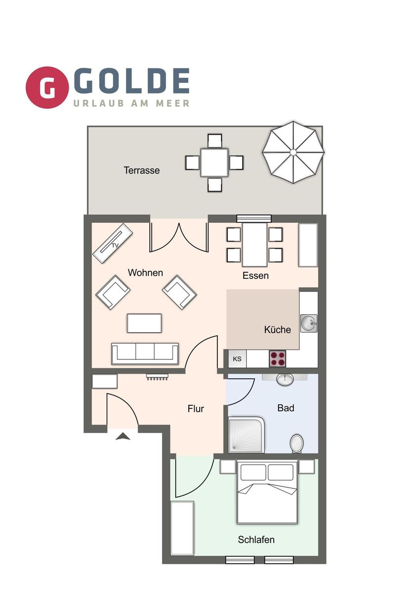 Wohnung mit Terrasse, Küche, Bad und Schlafzimmer.