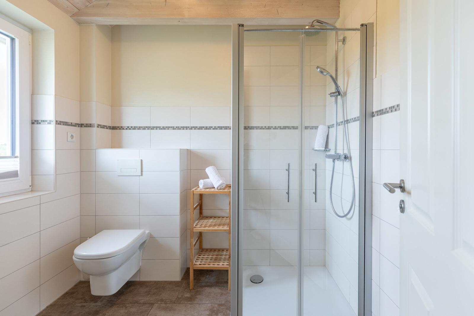 Badezimmer mit Dusche, Toilette und Holzregal.