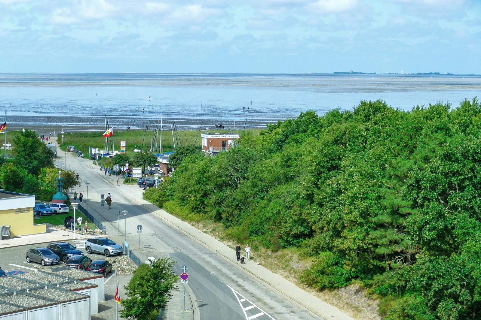 Meerfront mit Strand, Wald und Parkplatz. Blick auf Küstenstraße mit Booten und Fahrrädern.