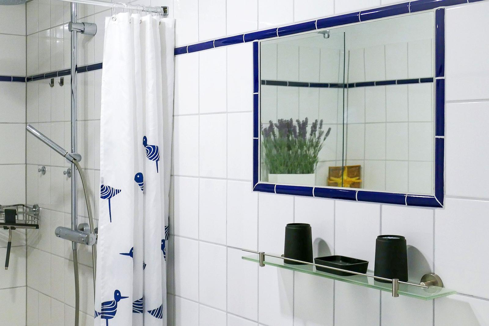 Badezimmer mit Dusche, Spiegel und Handtuchhalter.