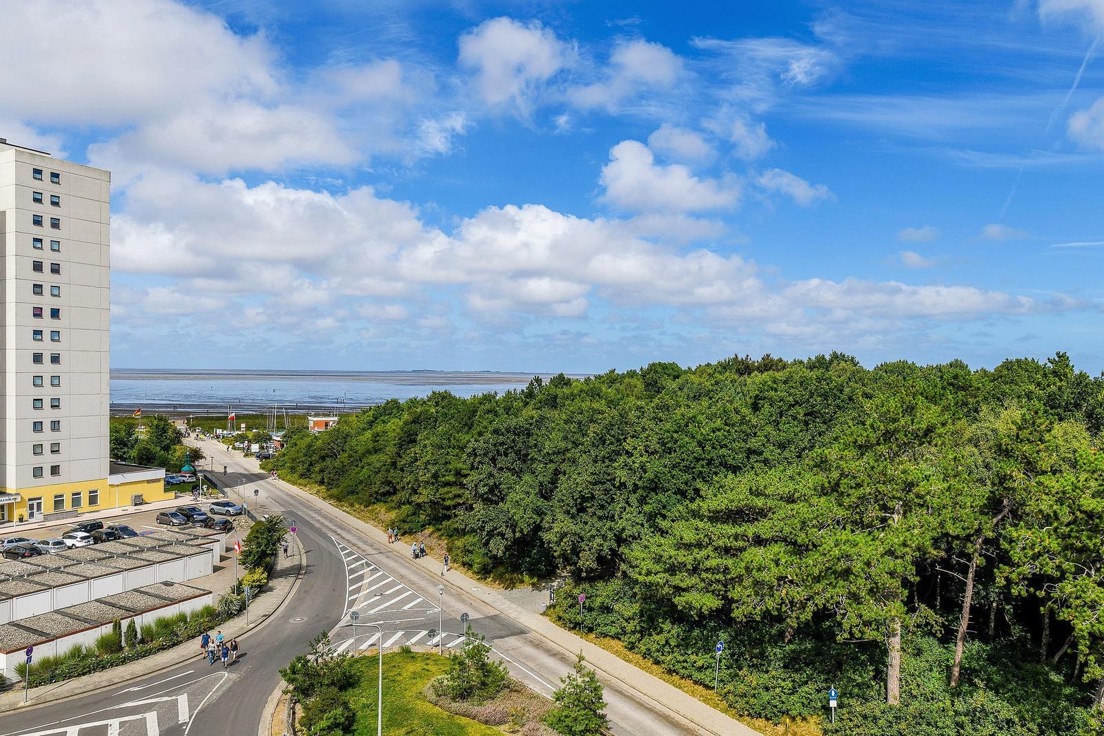 Hochwertige Aussicht auf Strand, Wald und modernes Gebäude unter blauem Himmel mit weißen Wolken.
