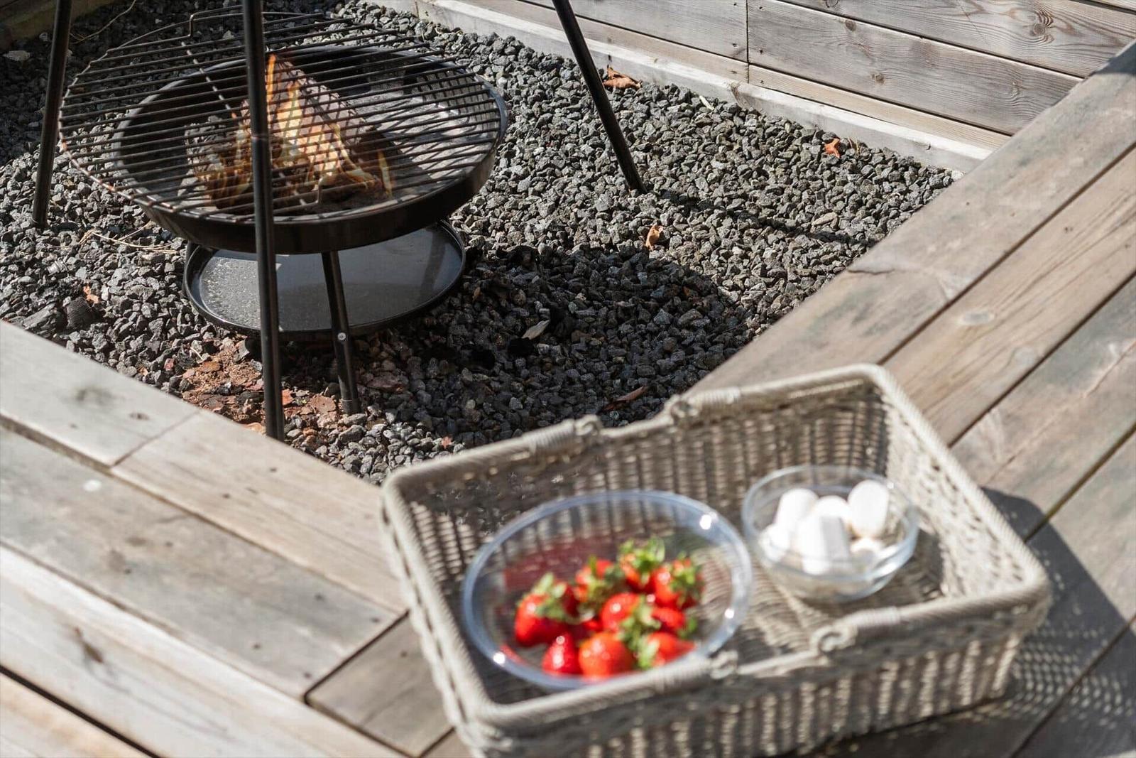 Feuerkorb mit Grillrost, Körbchen mit Erdbeeren und Marshmallows auf Holzterrasse.