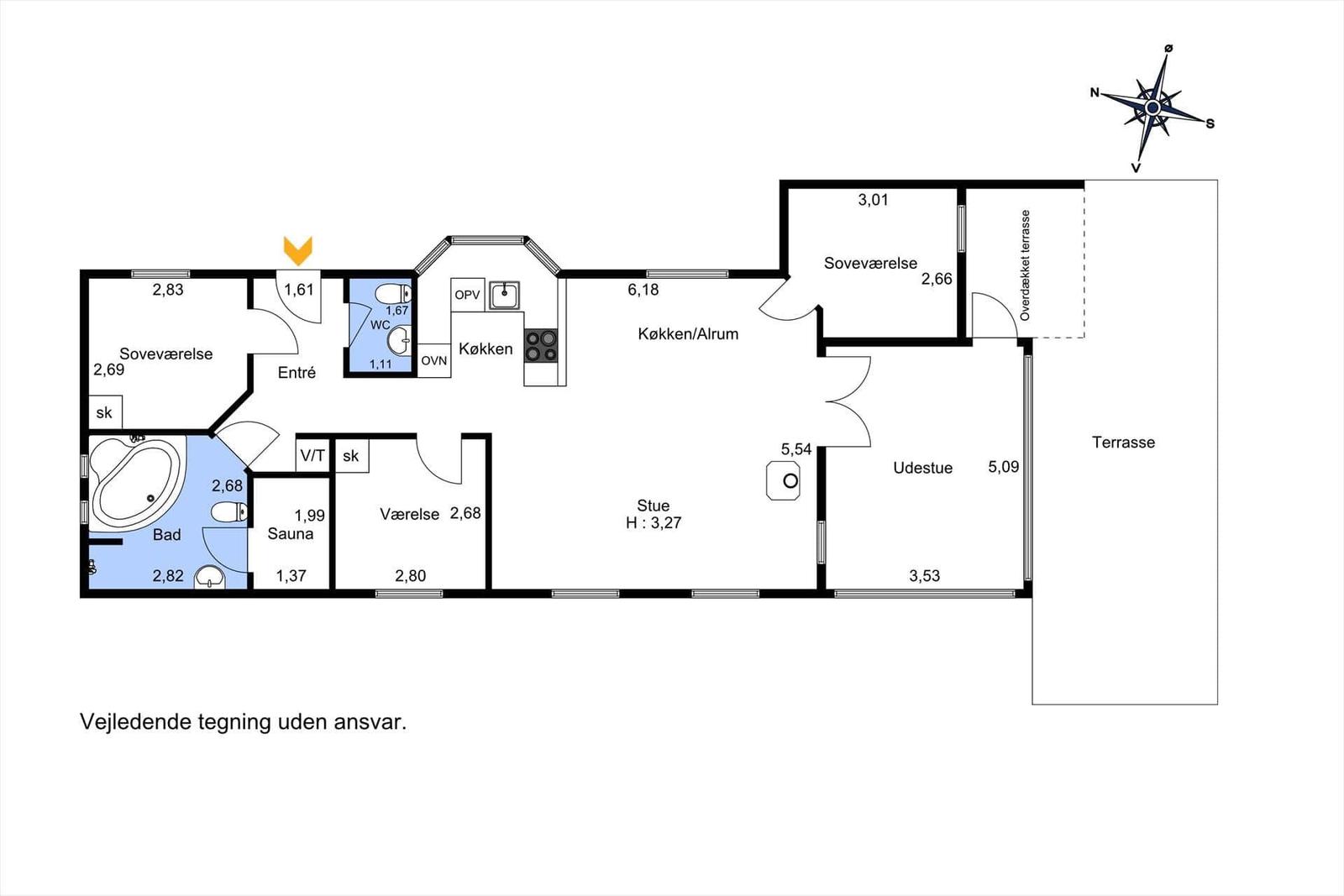 Floor plan showing rooms, kitchen, sauna, and terrace with dimensions.