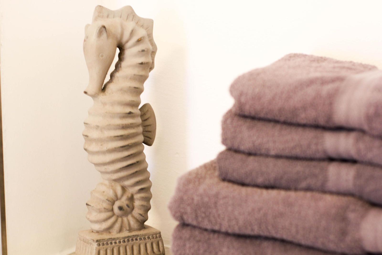 Eine Seepferdchenfigur neben gestapelten Handtüchern.