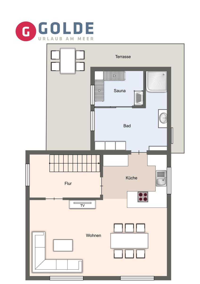 Wohnung mit Küche, Wohnbereich, Bad, Sauna und Terrasse.