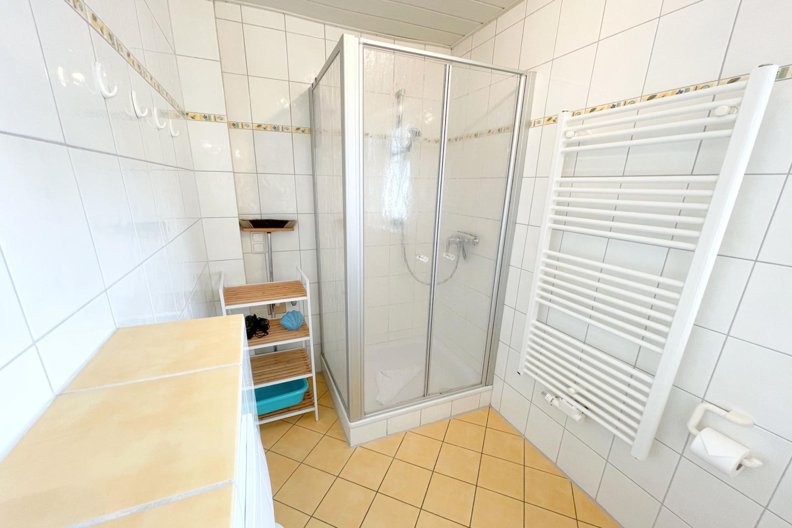 Badezimmer mit Dusche, Heizkörper und Waschbecken