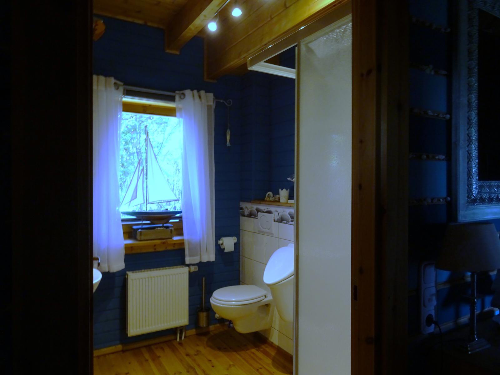 Badezimmer mit blauen Wänden, Toilette und Fenster mit Segelbootmodell.