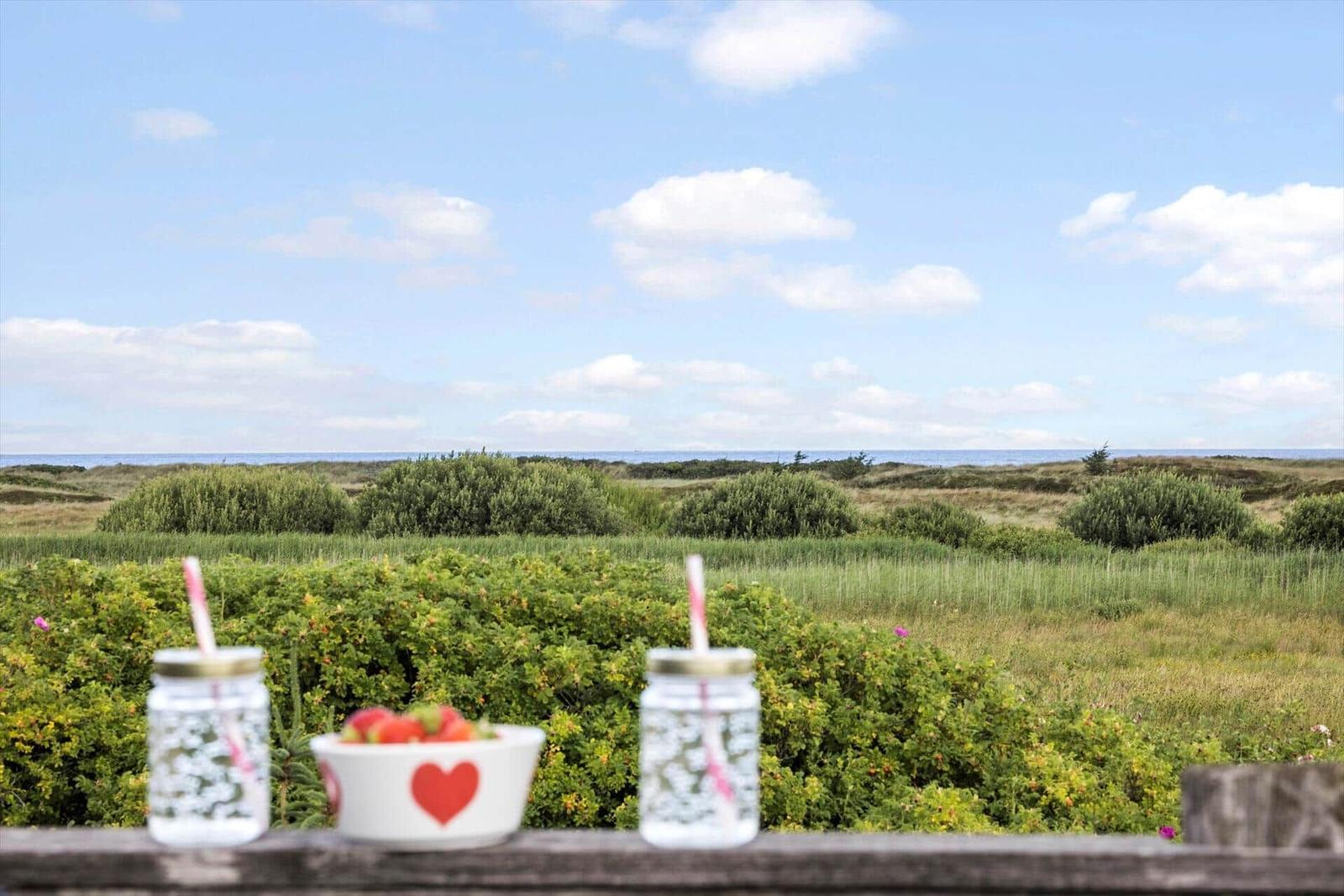 Auf der Terrasse stehen zwei Gläser und eine Schale mit Erdbeeren vor einer grünen Landschaft und dem Meer.