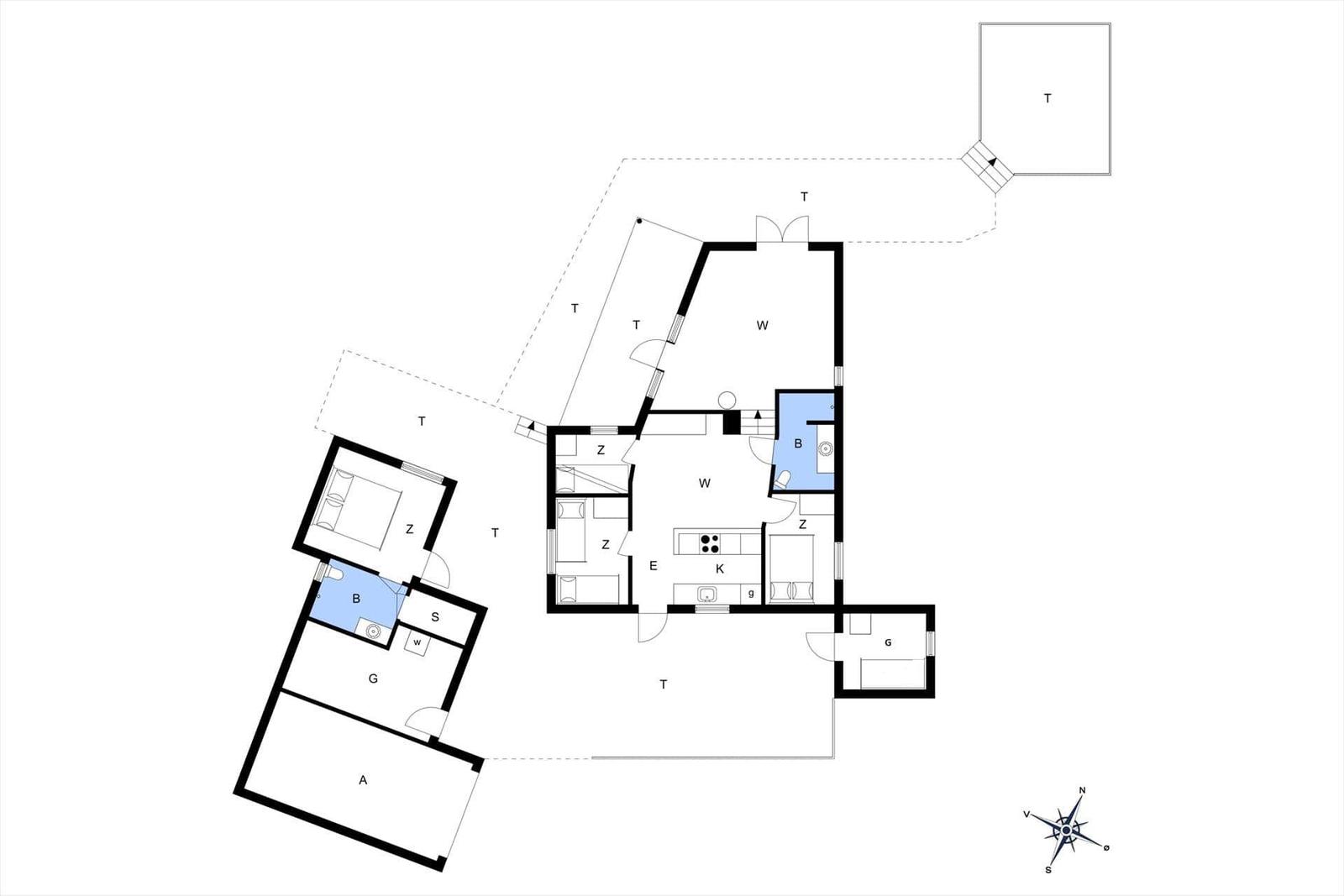Dieses Grundrissbild zeigt die Räume und Flure der Wohnung mit Markierungen für Schlafzimmer, Küche und Bad.