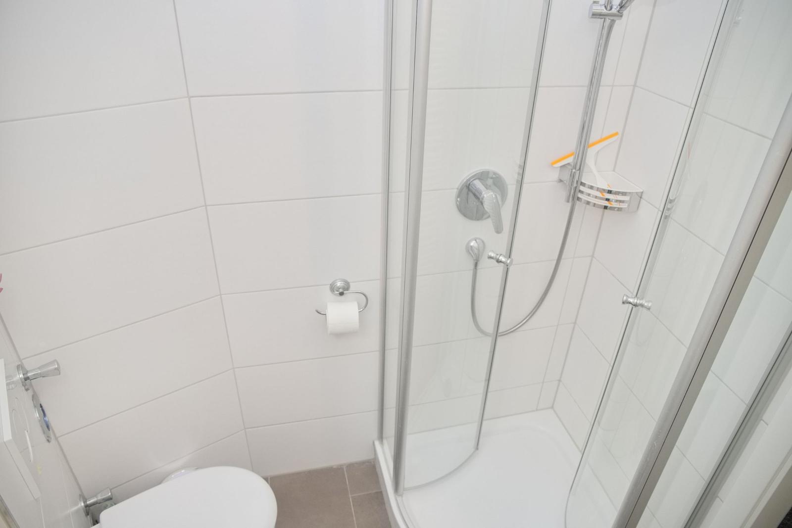 Dusche mit Duschbrause, Toilette und Toilettenpapierhalter in weißer Fliesenwand.