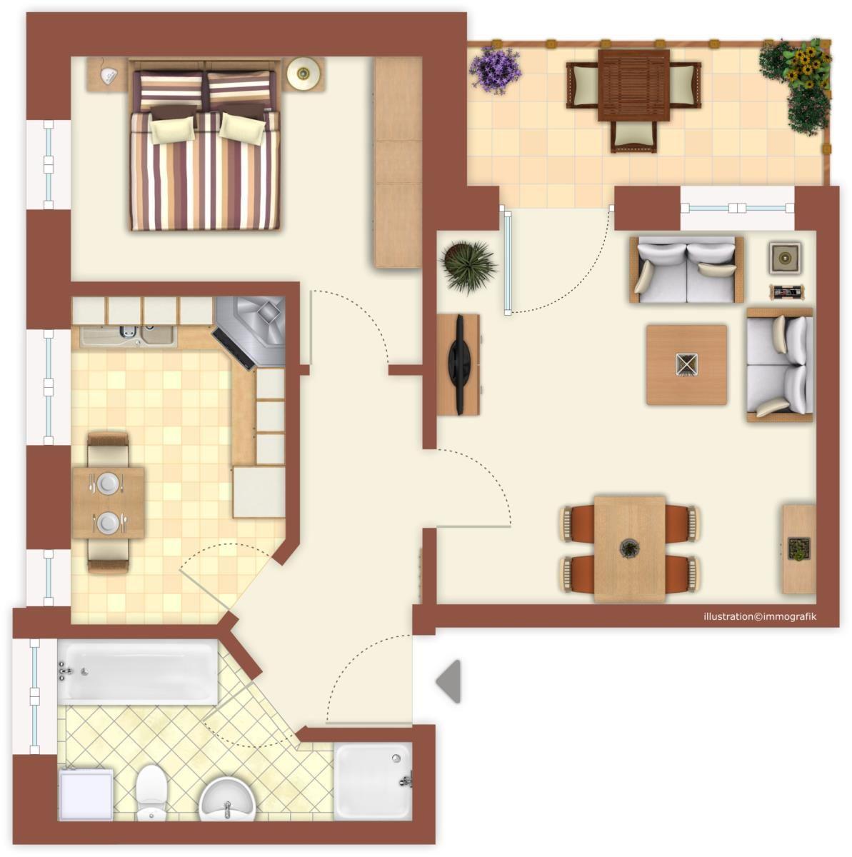 Dieses Apartment hat eine Küche, ein Bad, ein Schlafzimmer und ein Wohnzimmer mit Essbereich.