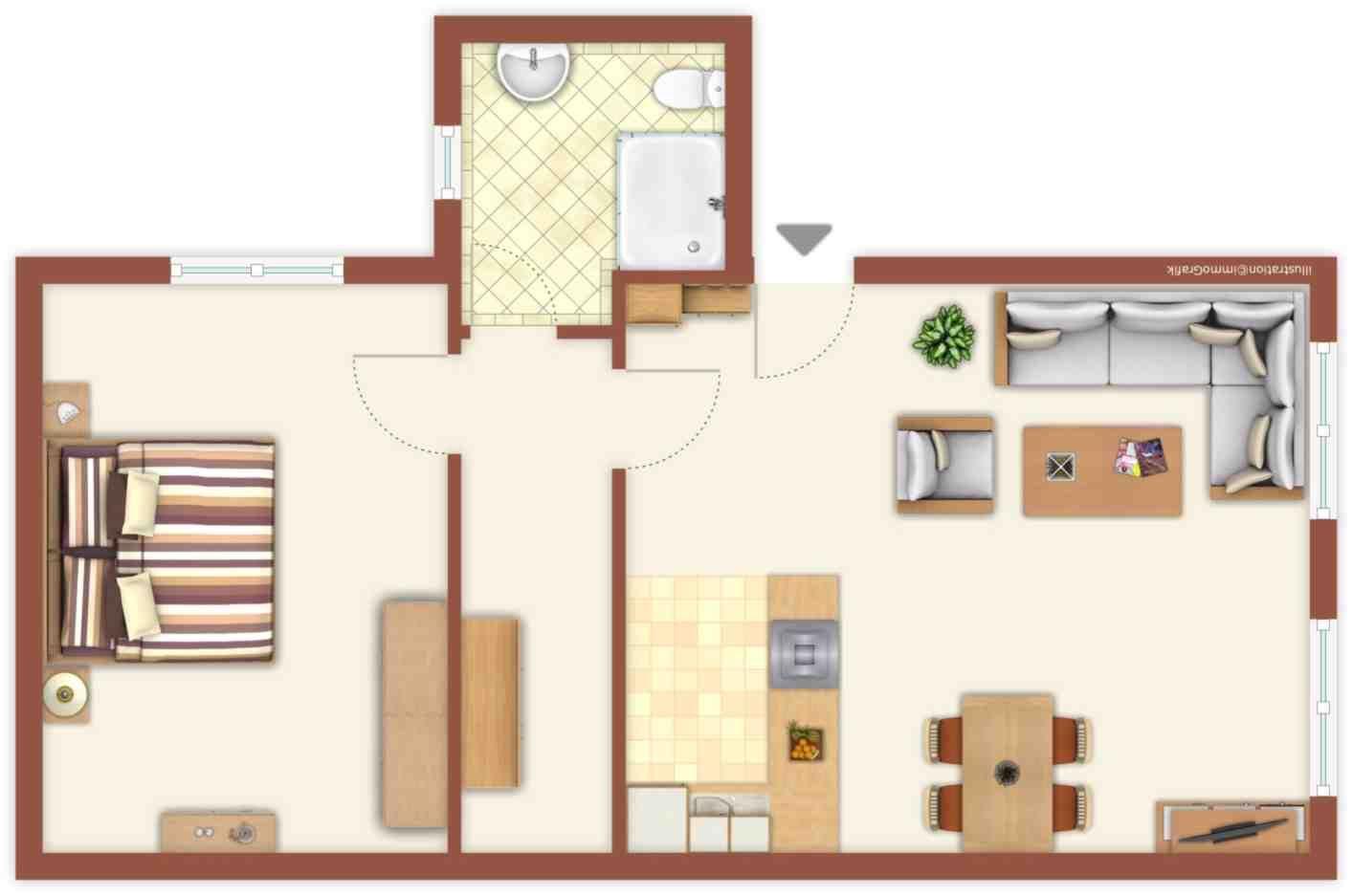 Ein Raum mit Schlafzimmer, Wohnbereich, Küche und Bad.