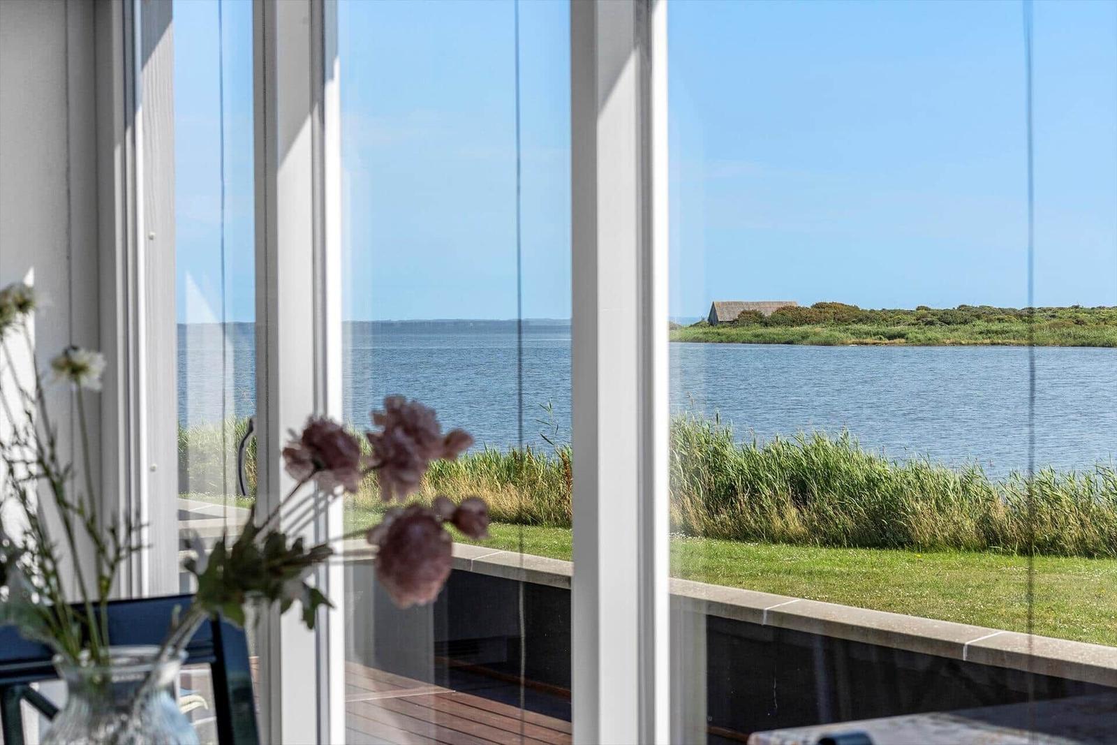 Blick aus dem Fenster aufs Wasser und eine grüne Insel mit einem Haus.