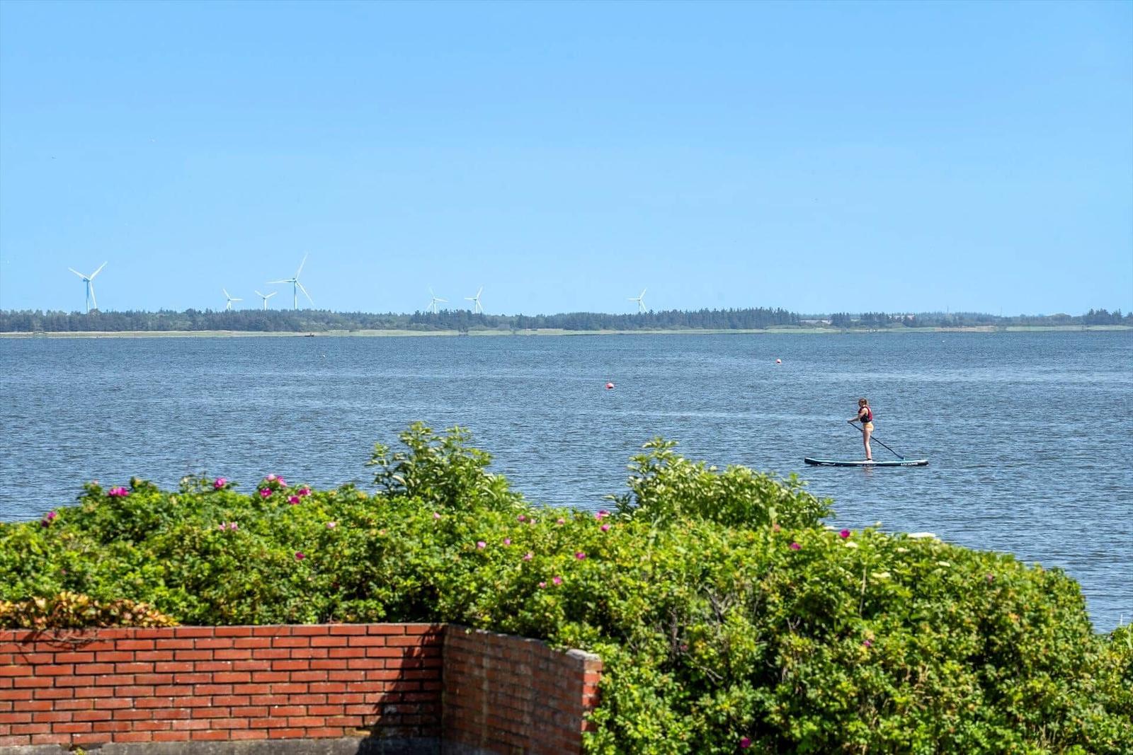 Ein Stand-up-Paddler auf einem See mit Windkraftanlagen am Horizont.