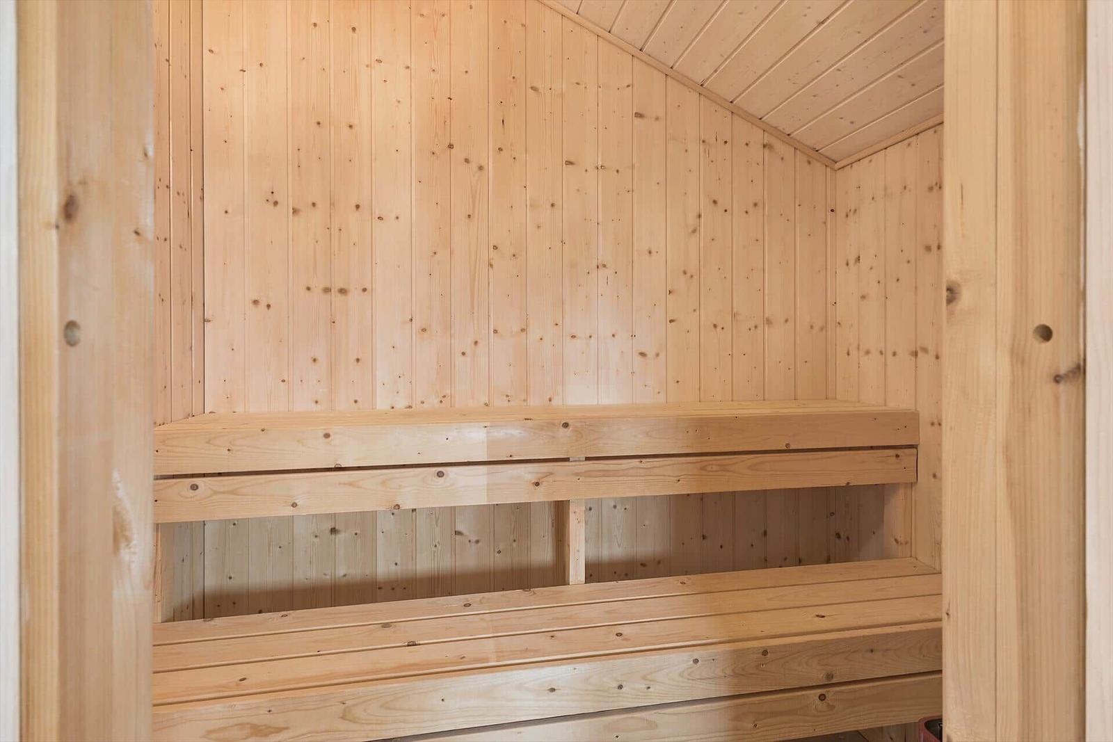Holzsauna mit zwei Sitzbänken und vertikalen Wandpaneelen.