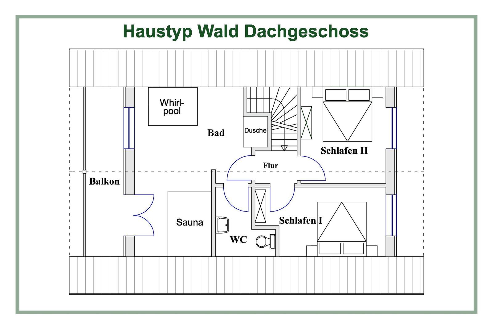Dachgeschoss mit Schlafzimmer, Bad, Sauna und Whirlpool.
