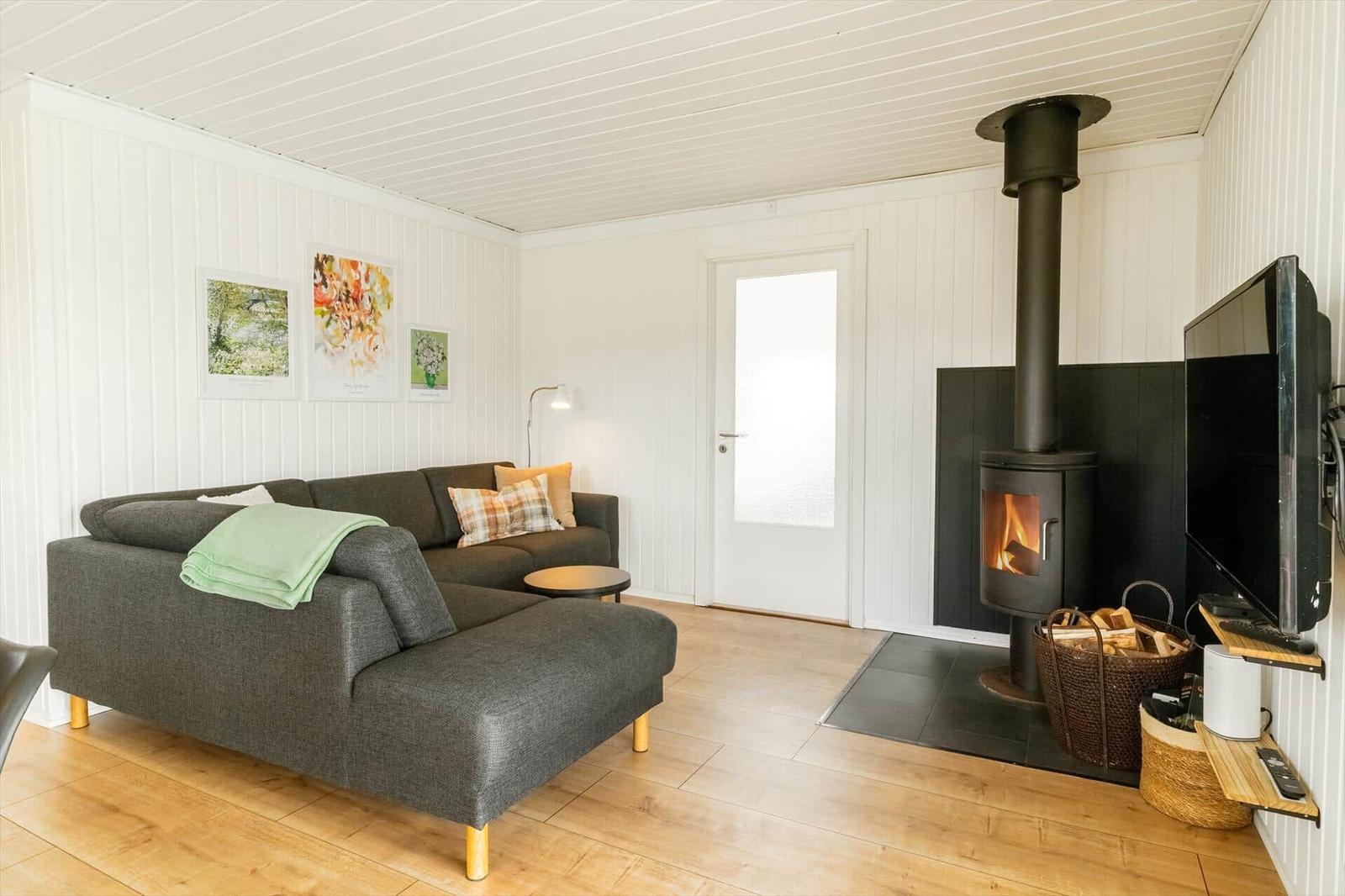 Living room with sofa, fireplace, and TV mounted on the wall.
