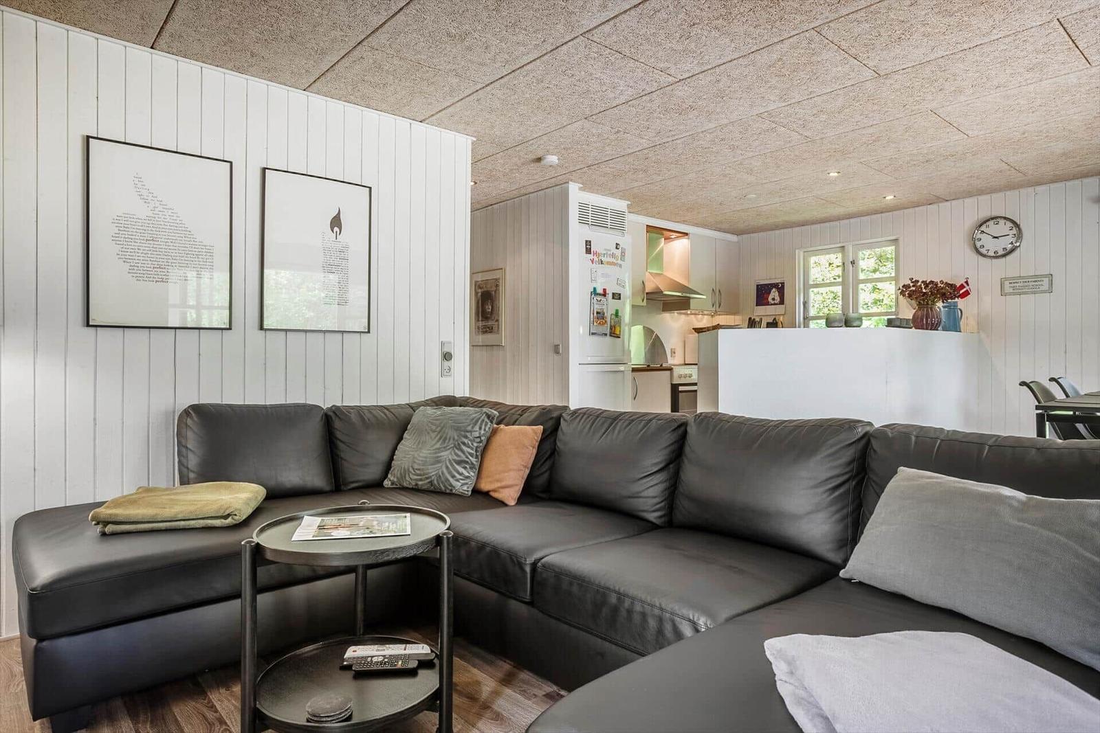 Large living room with dark sofa and kitchen area in the background.