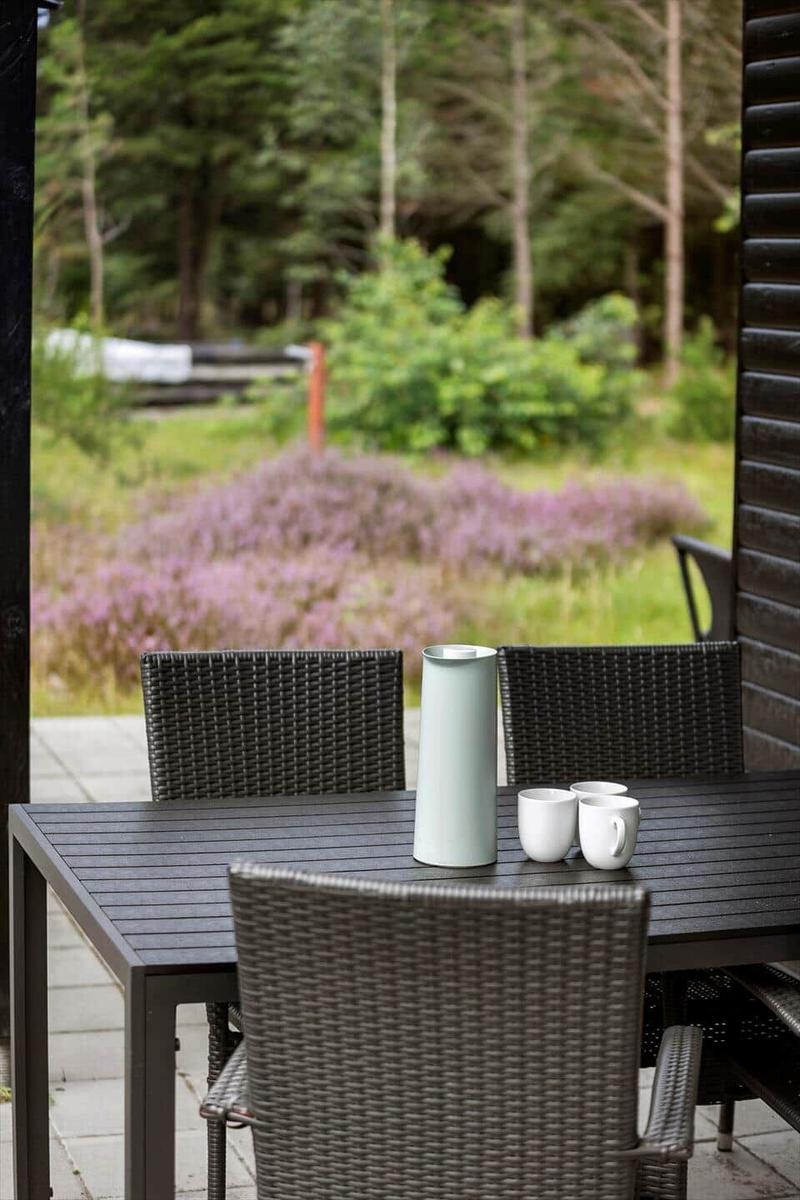 Terrasse mit Tisch, Stühlen und einem Krug. Im Hintergrund sind Bäume und Sträucher zu sehen.