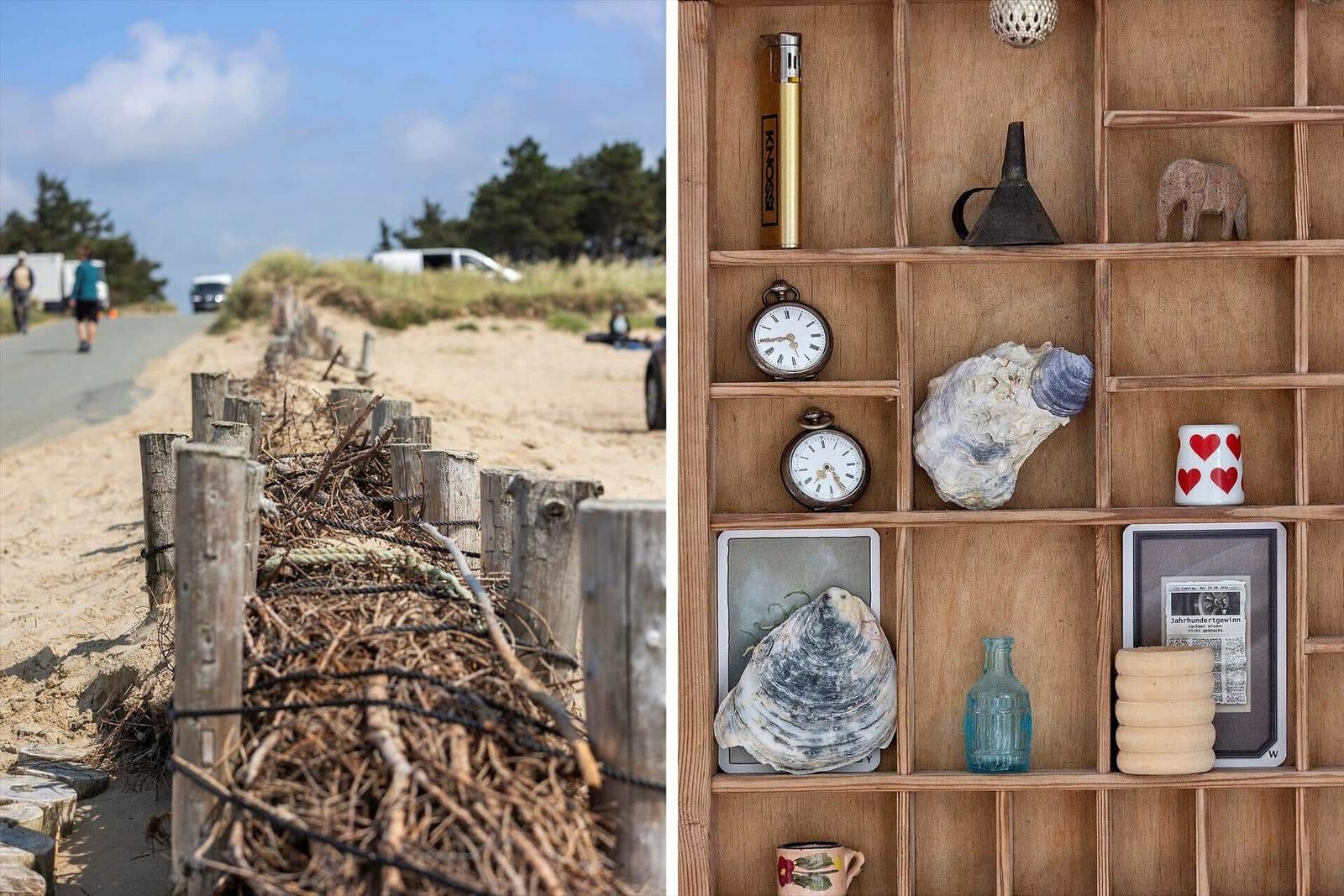 Strandpromenade mit Holzpfosten und Holzregal mit Schnecken, Uhren und Keramik.